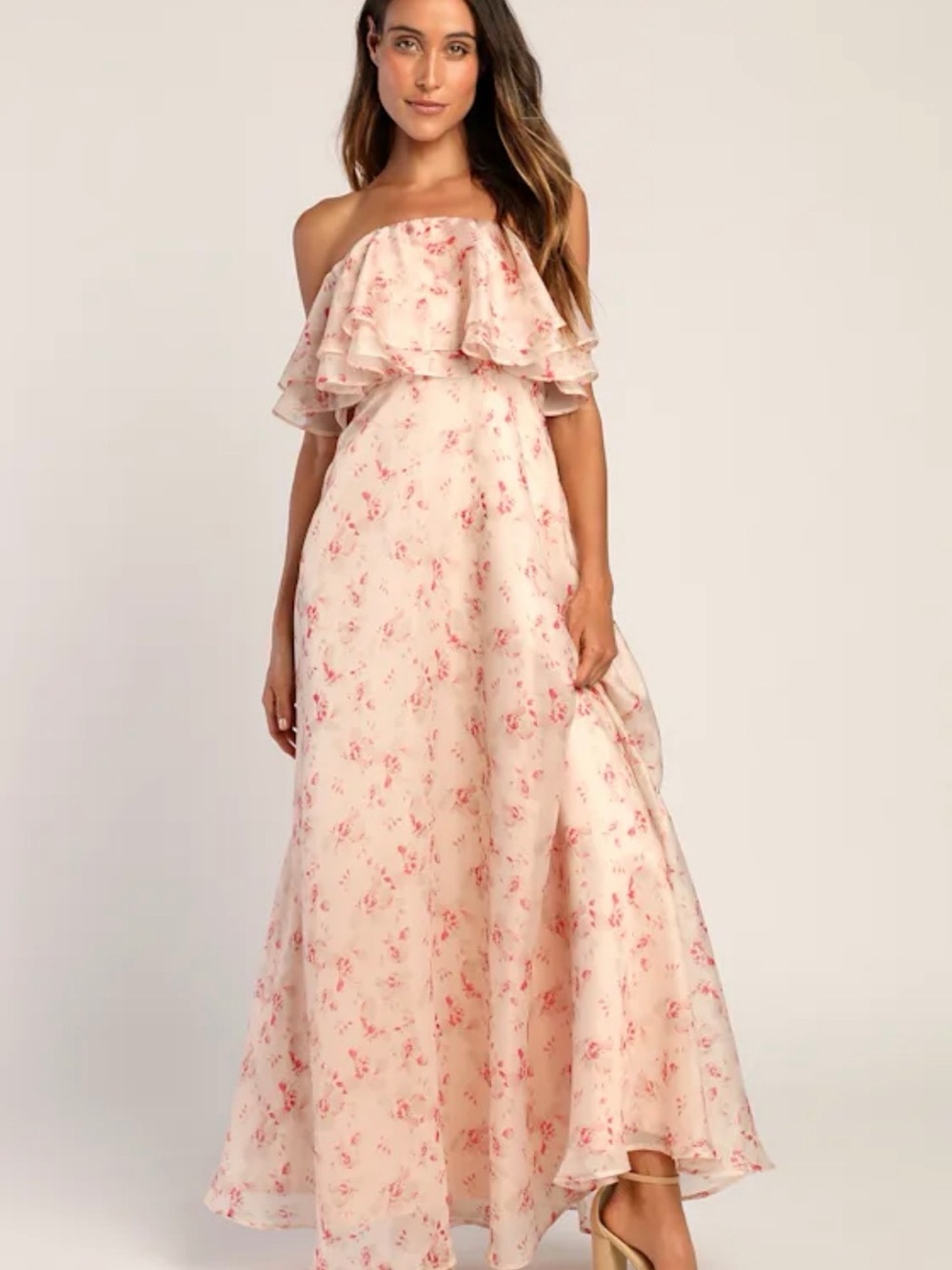 Lulus Pink Floral Strapless Maxi Dress | Wedding Guest